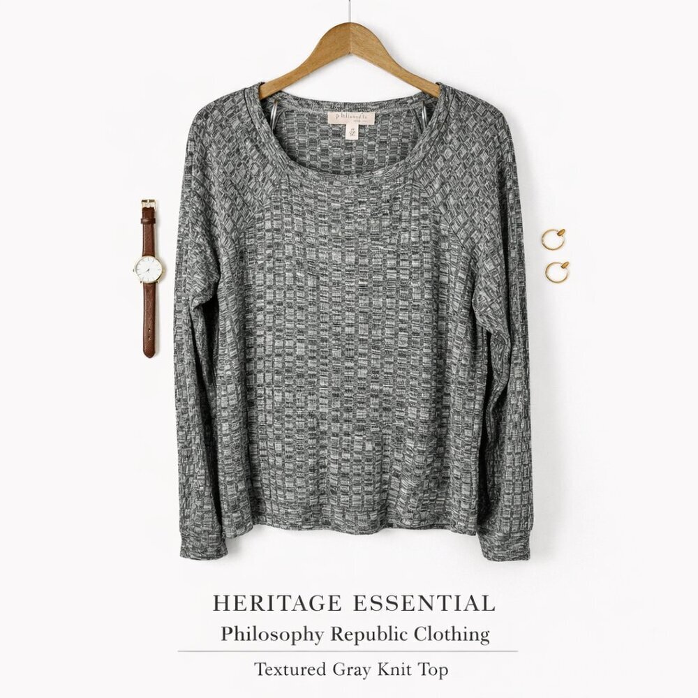 Philosophy Republic Textured Knit Top Gray Long Sleeve Stretch Blouse Small P